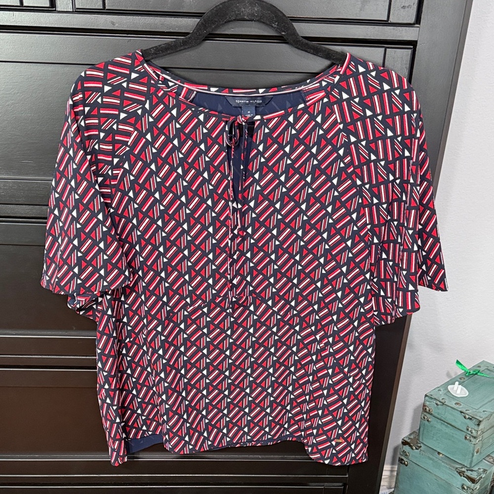 Tommy Hilfiger Navy, Red & White Geometric Tie-Neck Blouse